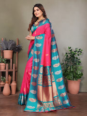Pure Soft Banarasi Silk Saree Beautiful Zari Weaving in Gold & Silver Contrast Teal Border & Rich Pallu Includes Contrast Butti Blouse Perfect for Weddings & Festive Wear Premium Quality